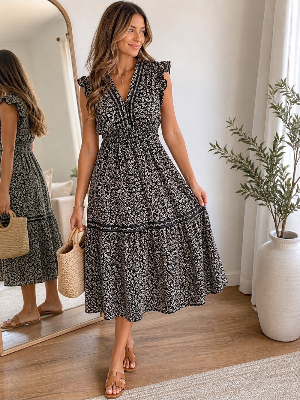 MAX STUDIO Boho Floral Midi Dress Ruffle Sleeve V-Neck Flowy Black Cream XS